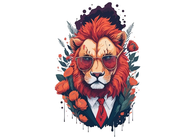 León con gafas de sol y diseño de camiseta con ilustraciones florales de corbata roja