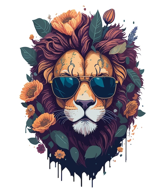 Vector un león con gafas de sol y una flor en la cabeza.