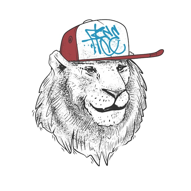 León con gorra, dibujado a mano. impresión de ilustración.