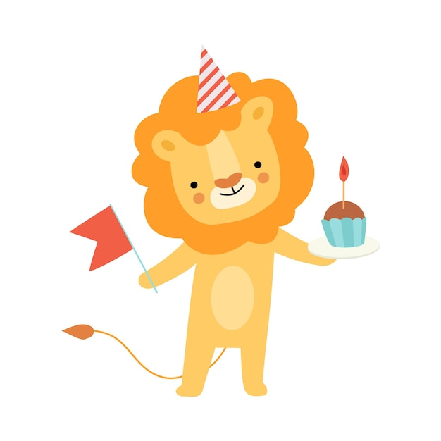 León humanizado sostiene una ilustración vectorial de pastel en un fondo blanco