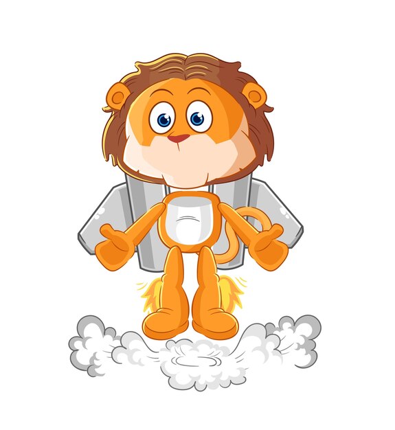 león, con, jetpack, mascota, caricatura, vector