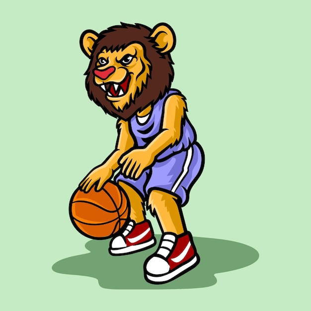 León jugar baloncesto dibujos animados icono vector