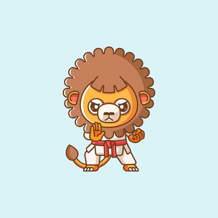 Vector el león de karate se entrena en el arte marcial kawaii chibi personaje mascota animal ilustración deportiva