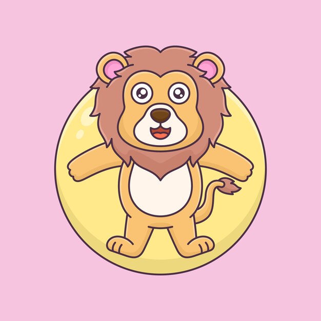 El león lindo con el globo flotante kawaii