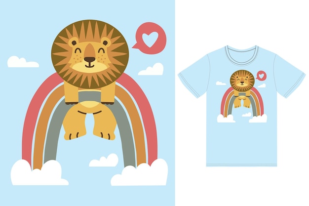 León lindo en la ilustración del arco iris con vector premium de diseño de camiseta