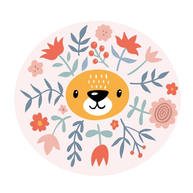 León lindo con ilustración vectorial moderna floral