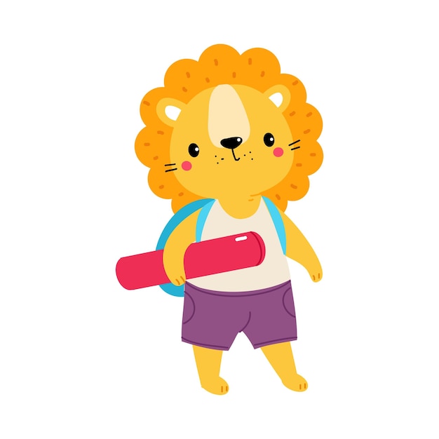 Un león lindo viajero con una alfombra y una mochila haciendo un viaje de vacaciones. Ilustración vectorial