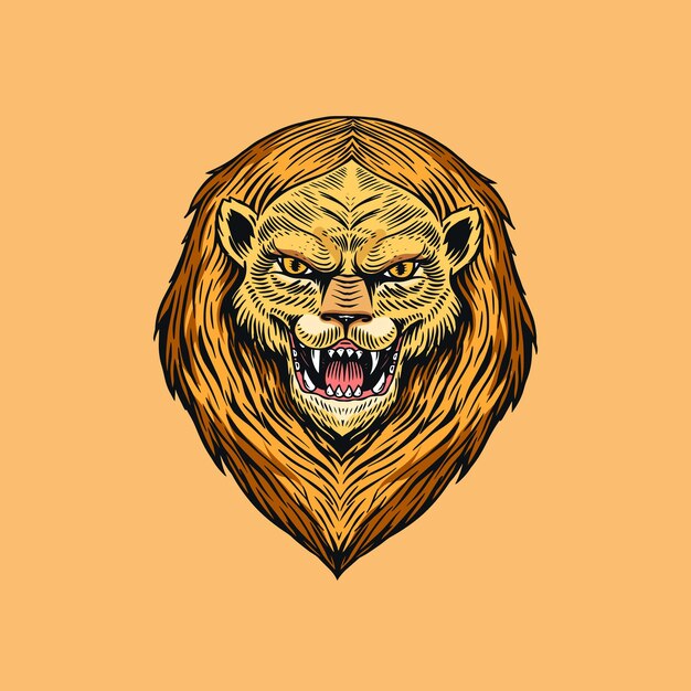 León loco gritando o Leo. Animal para tatuaje o etiqueta. Bestia rugiente. Arte de línea dibujado a mano grabado