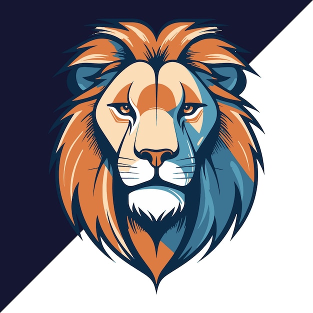 un león con una melena azul y naranja está en un fondo negro