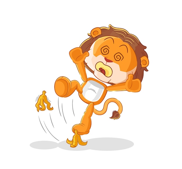 Vector león resbaló en vector de mascota de dibujos animados de plátano