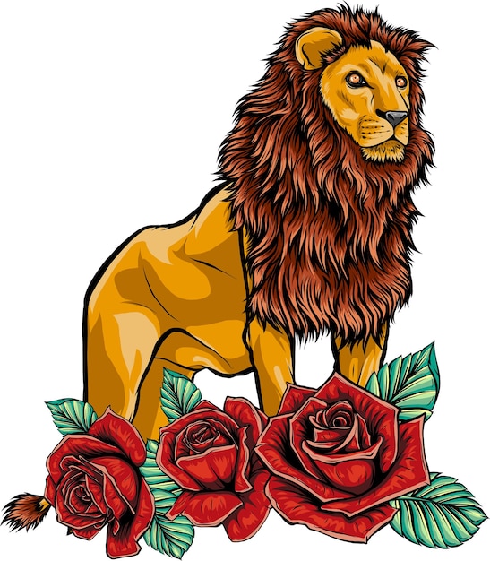León con rosas, diseño de ilustraciones vectoriales sobre fondo blanco.