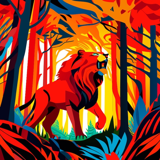 un león rugiendo en la ilustración de vector de bosque