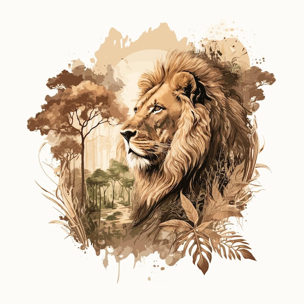 Vector un león en la selva con un fondo blanco.