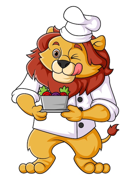 León con sombrero y delantal de chef sostiene un cuenco de sopa