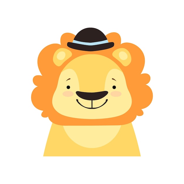 León, en, un, sombrero negro, cara divertida, lindo, caricatura, animal, carácter, avatar, vector, ilustración, aislado, en, un, fondo blanco