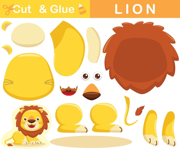 Un león sonriente sentado en el suelo. Juego de papel educativo para niños. Recorte y encolado. ilustracion de dibujos animados