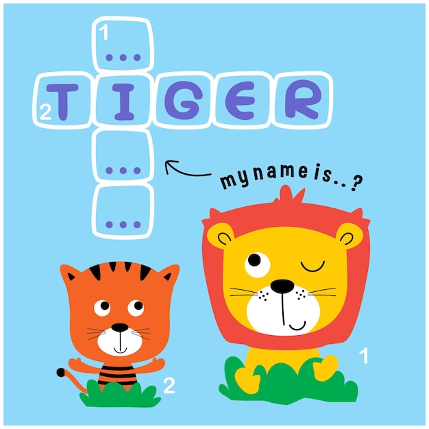 León y tigre jugando juntos divertidos dibujos animados de animales