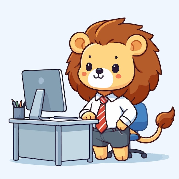 León trabajando en una computadora Ilustración de diseño plano de un animal en un concepto tecnológico