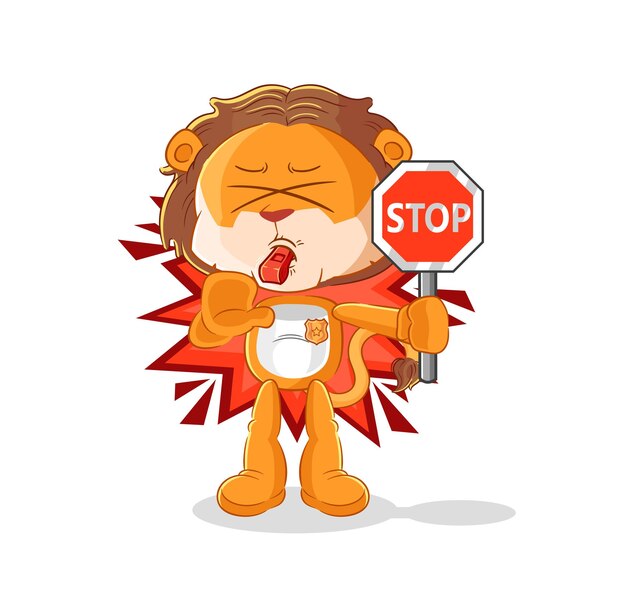 León con vector de mascota de dibujos animados de señal de stop