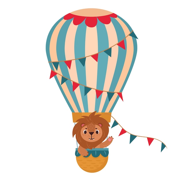 El león vuela en un globo aerostático de dibujos animados retro volando un globo de aire caliente con un lindo animal león a bordo ilustración vectorial plana El personaje león volando en el transporte aéreo