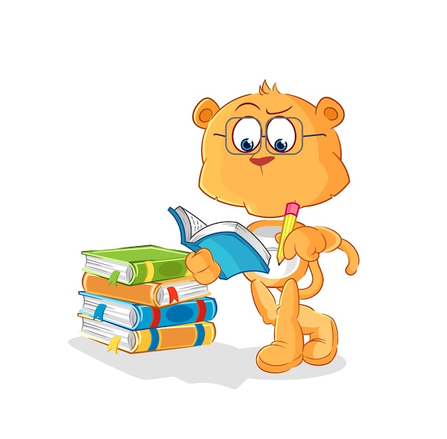 Leona estudiando vector de dibujos animados de mascota