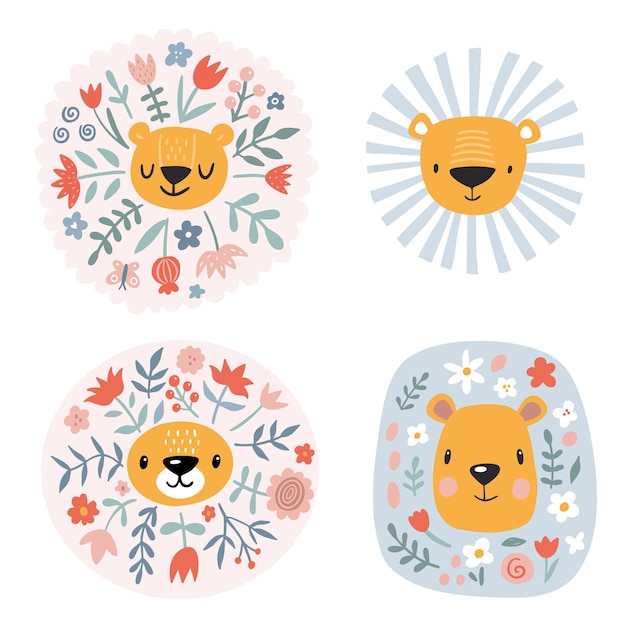 Leones lindos con ilustración vectorial moderna floral