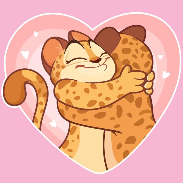 Vector un leopardo abrazado con una cara feliz con un símbolo de amor detrás ilustración simple de imágenes prediseñadas kawaii