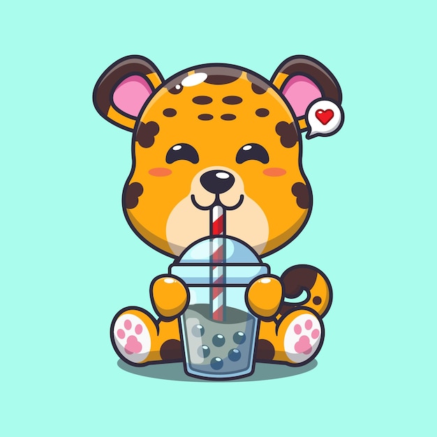leopardo bebida boba leche té dibujos animados vector ilustración