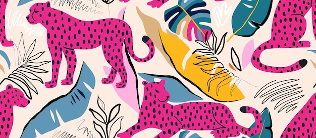 Leopardo y hojas tropicales de patrones sin fisuras