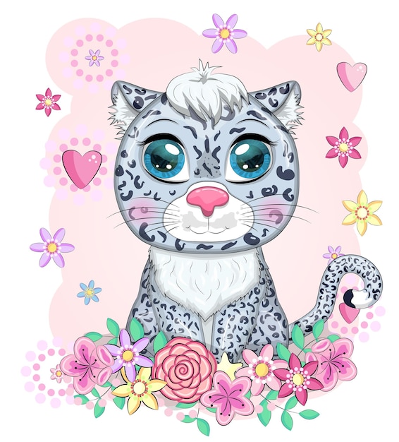 Vector leopardo de las nieves de dibujos animados con ojos expresivos carácter de animales salvajes estilo infantil lindo