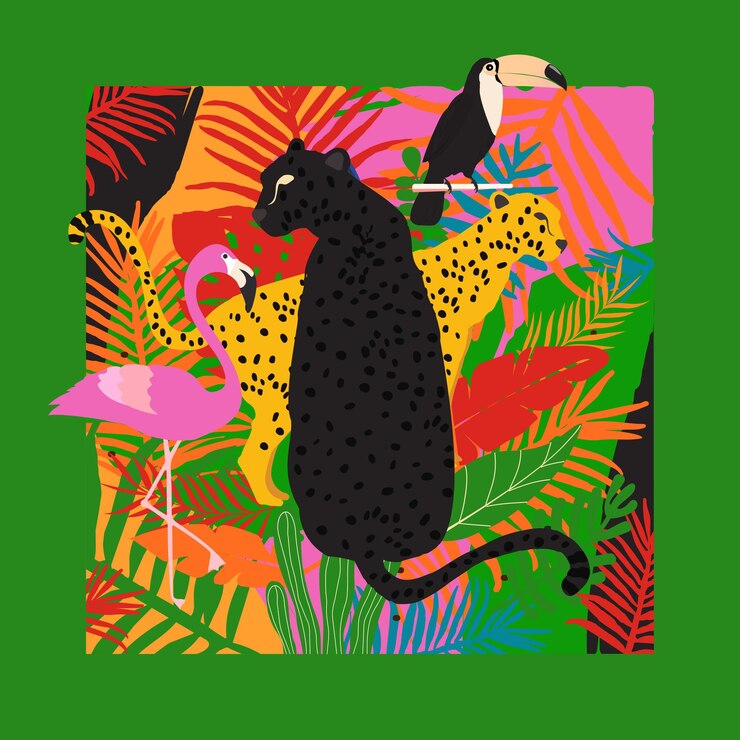 Vector leopardo pantera negra flamenco tucán y hojas tropicales cartel fondo vector ilustración
