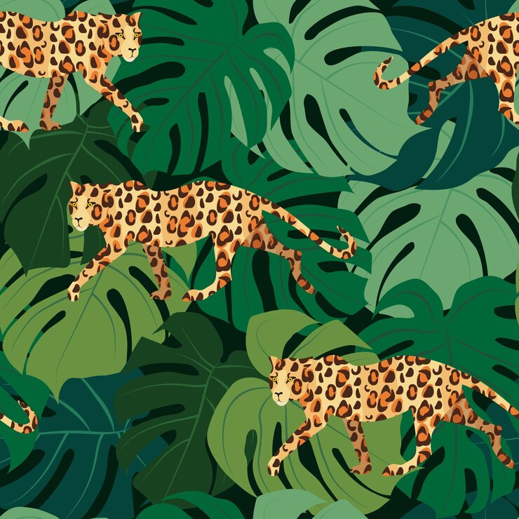 Vector leopardo sobre un fondo de patrones sin fisuras de hojas tropicales