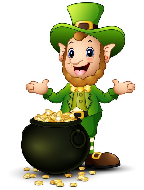 Leprechaun de dibujos animados con una olla de monedas de oro