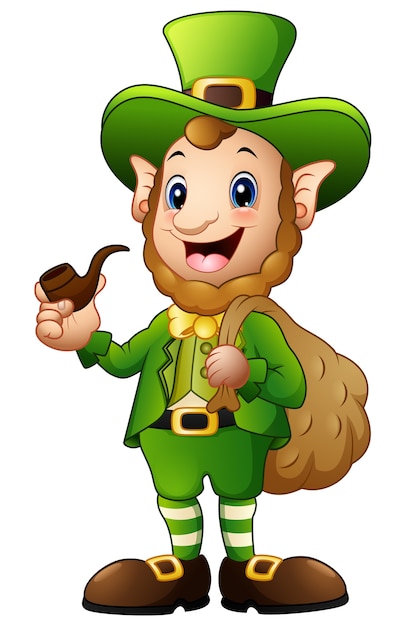 Leprechaun de dibujos animados con saco de oro