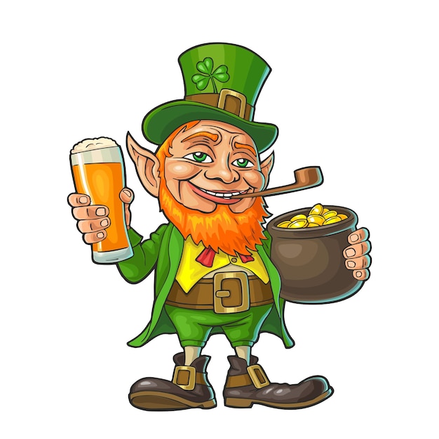 Leprechaun sosteniendo un vaso de cerveza y una olla de monedas de oro ilustración vectorial