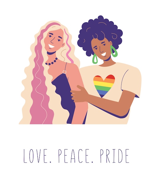Las lesbianas se abrazan. las mujeres oscuras y blancas están sonriendo felizmente. Bandera LGBT del arco iris en la camiseta. Amor. paz