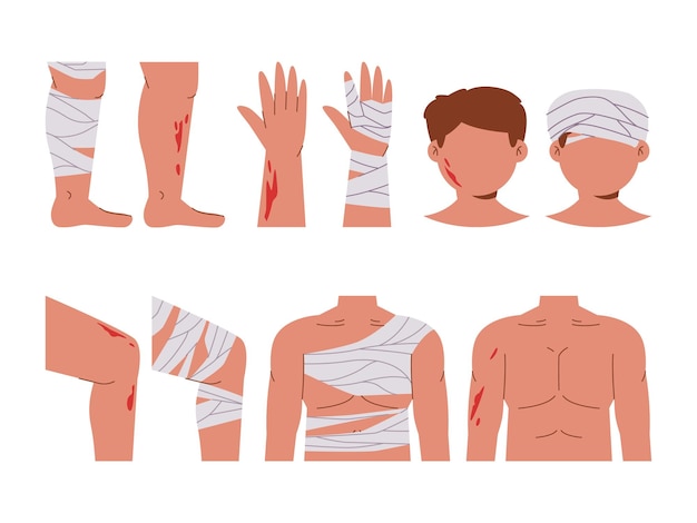 Lesiones dolor enfermedad enfermedad brazo mano pierna rodilla pecho y cabeza daño vendaje tratamiento médico