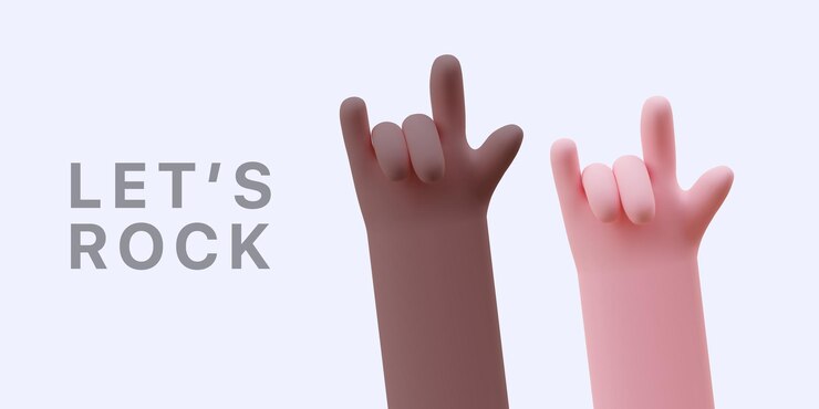 Vector let rock goat gesto con los dedos manos 3d de piel clara y oscura celebran juntos banner sobre amistad y unidad ilustración de color vectorial con texto en estilo de dibujos animados