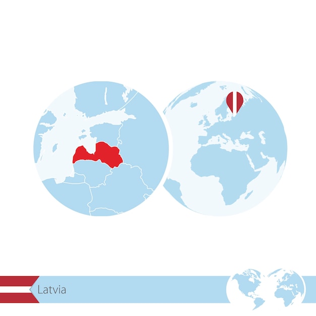 Letonia en el globo del mundo con bandera y mapa regional de Letonia. Ilustración de vector.