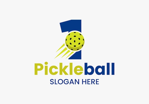 Letra 1 Concepto de logotipo de Pickleball con símbolo de Pickleball en movimiento Plantilla de vector de logotipo de Pickleball