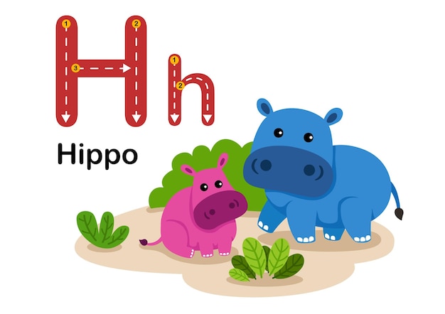 Letra del alfabeto HHippo con vector de ilustración de vocabulario de dibujos animados