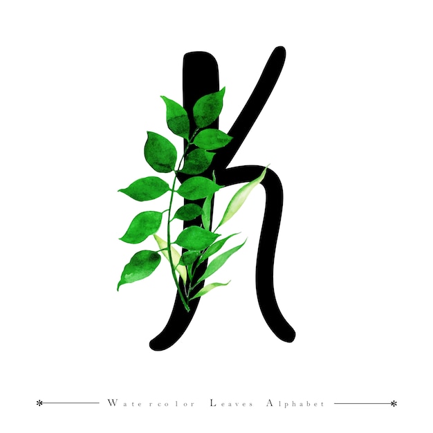 Letra del alfabeto k con fondo de hojas de acuarela