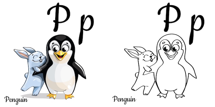 Vector letra del alfabeto p para la educación de los niños con divertidos dibujos animados pingüino y conejito. aislado. aprender a leer. página para colorear.