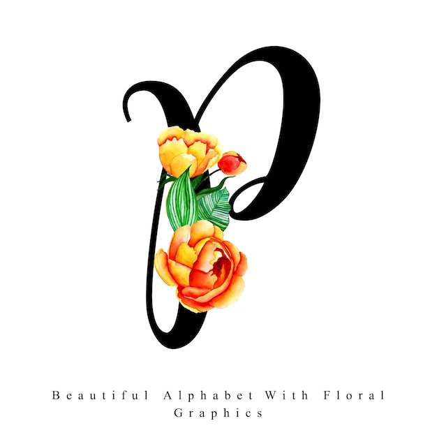 Letra de alfabeto p fondo floral de acuarela