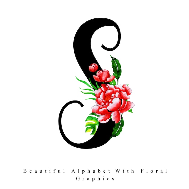 Letra de alfabeto S Fondo floral de acuarela