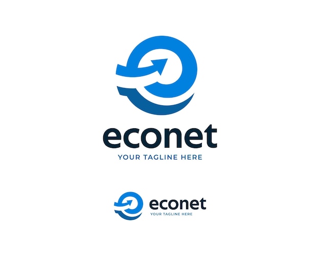 Letra azul E con logotipo de icono de flecha conectada