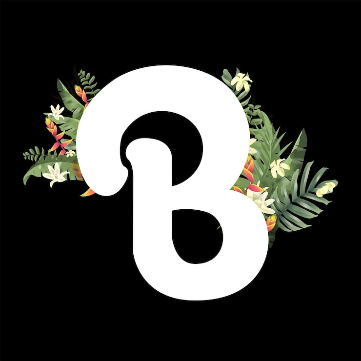 Vector la letra b está decorada con hermosas flores sobre un fondo negro