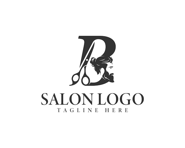 Letra B Logotipo elegante de barbería con tijeras y silueta masculina