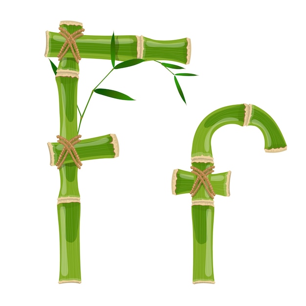 Letra de bambú F con brotes jóvenes con hojas, fuente de vector eco