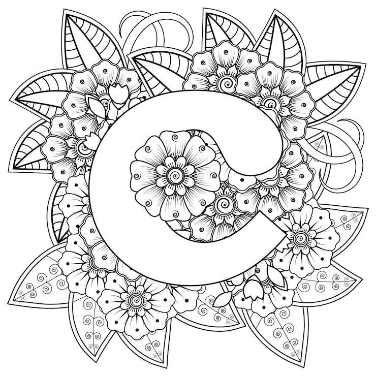 Vector letra c con adornos decorativos de flores mehndi en estilo étnico oriental página de libro para colorear